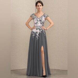 JJs house gray floral embroidered gown